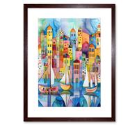 Artery8 Wall Art Print Modern Marina Colourful Cityscape Pattern Folk Art Watercolour Painting Artwork Framed 9X7 Inch in Brown | Size: W7" x H9" Artery8 Brown W7" x H9"