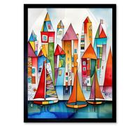 Artery8 Framed Wall Art Modern Marina Colourful Port Folk Art Watercolour Painting - 12X16 Inch