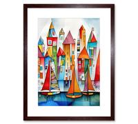 Artery8 Wall Art Print Modern Marina Colourful Port Folk Art Watercolour Painting Artwork Framed 9X7 Inch in Brown | Size: W7" x H9" Artery8 Brown W7" x H9"