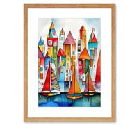 Artery8 Wall Art Print Modern Marina Colourful Port Folk Art Watercolour Painting Artwork Framed 9X7 Inch in Beige | Size: W7" x H9" Artery8 Beige W7" x H9"
