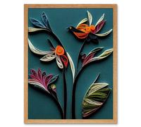 Artery8 Wall Art Print Modern Paper Quilling Bird on Exotic Flower Plant Leaves Blue Orange Teal Art Framed in Light Oak | Size: W12" x H16" Artery8 Light Oak W12" x H16"
