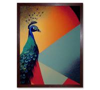 Artery8 Wall Art Print Modern Peacock Portrait in Colourful Abstract Vibrant Orange Art Framed in Brown | Size: W12" x H16" Artery8 Brown W12" x H16"