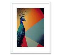 Artery8 Wall Art Print Modern Peacock Portrait in Colourful Abstract Vibrant Orange Artwork Framed 9X7 Inch in White | Size: W7" x H9" Artery8 White W7" x H9"