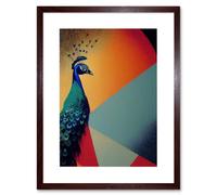 Artery8 Wall Art Print Modern Peacock Portrait in Colourful Abstract Vibrant Orange Artwork Framed 9X7 Inch in Brown | Size: W7" x H9" Artery8 Brown W7" x H9"
