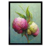 Artery8 Framed Wall Art Modern Pink And White Peony Flowers In Teal - 12X16 Inch