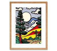 Artery8 Wall Art Print Modern Pop Art Forest Mountain Landscape Bright Colourful Comic Book Style Halftone Artwork Framed 9X7 Inch | Size: W7" x H9" Artery8 Beige W7" x H9"