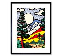 Artery8 Wall Art Print Modern Pop Art Forest Mountain Landscape Bright Colourful Comic Book Style Halftone Artwork Framed 9X7 Inch | Size: W7" x H9" Artery8 Black W7" x H9"