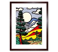 Artery8 Wall Art Print Modern Pop Art Forest Mountain Landscape Bright Colourful Comic Book Style Halftone Artwork Framed 9X7 Inch | Size: W7" x H9" Artery8 Brown W7" x H9"