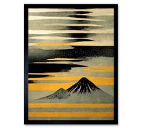 Artery8 Wall Art Print Modern Simple Mount Fuji Painting in Silver Grey Black Gold Art Framed | Size: W12" x H16" Artery8 Black W12" x H16"