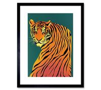 Artery8 Wall Art Print Modern Tiger Portrait On Teal Orange Bold Artwork Framed 9X7 Inch
