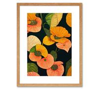 Artery8 Wall Art Print Modern Tropical Lake Flowers Orange Yellow Peach Cream Warm Colours on Dark Green Artwork Framed 9X7 Inch | Size: W7" x H9" Artery8 Beige W7" x H9"