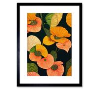 Artery8 Wall Art Print Modern Tropical Lake Flowers Orange Yellow Peach Cream Warm Colours on Dark Green Artwork Framed 9X7 Inch | Size: W7" x H9" Artery8 Black W7" x H9"