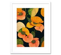Artery8 Wall Art Print Modern Tropical Lake Flowers Orange Yellow Peach Cream Warm Colours on Dark Green Artwork Framed 9X7 Inch | Size: W7" x H9" Artery8 White W7" x H9"