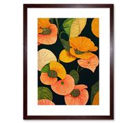 Artery8 Wall Art Print Modern Tropical Lake Flowers Orange Yellow Peach Cream Warm Colours on Dark Green Artwork Framed 9X7 Inch | Size: W7" x H9" Artery8 Brown W7" x H9"