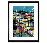Artery8 Wall Art Print Modern Vertical Cityscape In Blue Pink And Yellow Artwork Framed 9X7 Inch