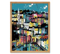 Artery8 Wall Art Print Modern Vertical Cityscape in Blue Pink & Yellow Art Framed in Light Oak | Size: W12" x H16" Artery8 Light Oak W12" x H16"