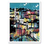 Artery8 Wall Art Print Modern Vertical Cityscape in Blue Pink & Yellow Art Framed in White | Size: W12" x H16" Artery8 White W12" x H16"