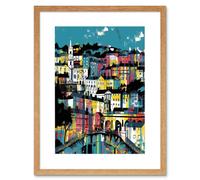 Artery8 Wall Art Print Modern Vertical Cityscape in Blue Pink & Yellow Artwork Framed 9X7 Inch in Beige | Size: W7" x H9" Artery8 Beige W7" x H9"