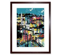 Artery8 Wall Art Print Modern Vertical Cityscape in Blue Pink & Yellow Artwork Framed 9X7 Inch in Brown | Size: W7" x H9" Artery8 Brown W7" x H9"