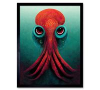 Artery8 Wall Art Print Modern Vibrant Red & Teal Octopus Art Framed in Black | Size: W12" x H16" Artery8 Black W12" x H16"