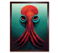 Artery8 Wall Art Print Modern Vibrant Red & Teal Octopus Art Framed in Brown | Size: W12" x H16" Artery8 Brown W12" x H16"
