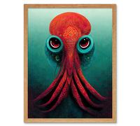 Artery8 Wall Art Print Modern Vibrant Red & Teal Octopus Art Framed in Light Oak | Size: W12" x H16" Artery8 Light Oak W12" x H16"