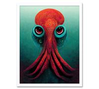 Artery8 Wall Art Print Modern Vibrant Red & Teal Octopus Art Framed in White | Size: W12" x H16" Artery8 White W12" x H16"