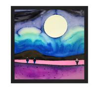Artery8 Wall Art Print Modern Watercolour Night Harvest Moon Landscape Square Framed Picture 16X16 Inch in Black | Size: W16" x H16" Artery8 Black W16" x H16"