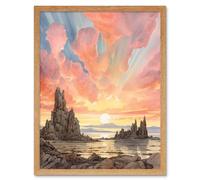 Artery8 Wall Art Print Mono Lake Atmospheric Clouds at Dawn Break Modern Watercolour Painting Art Framed in Light Oak | Size: W12" x H16" Artery8 Light Oak W12" x H16"