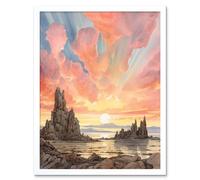 Artery8 Wall Art Print Mono Lake Atmospheric Clouds at Dawn Break Modern Watercolour Painting Art Framed in White | Size: W12" x H16" Artery8 White W12" x H16"