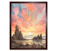 Artery8 Wall Art Print Mono Lake Atmospheric Clouds at Dawn Break Modern Watercolour Painting Art Framed in Brown | Size: W12" x H16" Artery8 Brown W12" x H16"