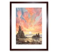 Artery8 Wall Art Print Mono Lake Atmospheric Clouds at Dawn Break Modern Watercolour Painting Artwork Framed 9X7 Inch in Brown | Size: W7" x H9" Artery8 Brown W7" x H9"