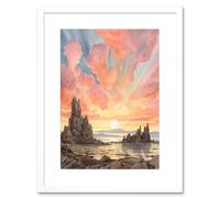 Artery8 Wall Art Print Mono Lake Atmospheric Clouds at Dawn Break Modern Watercolour Painting Artwork Framed 9X7 Inch in White | Size: W7" x H9" Artery8 White W7" x H9"