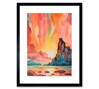 Artery8 Wall Art Print Mono Lake Atmospheric Pink Sky Sunset Clouds Vibrant Lakescape Modern Watercolour Painting Artwork Framed 9X7 Inch Artery8 Black W7" x H9"