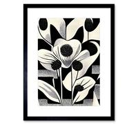 Artery8 Wall Art Print Monochrome Black White Abstract Retro Flower Pattern Artwork Framed 9X7 Inch | Size: W7" x H9" Artery8 Black W7" x H9"