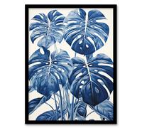 Wall Art Print Monstera Plant Leaves Detailed Blue Pencil Drawing Framed Artery8 Blue A4