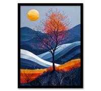 Artery8 Wall Art Print Moon & Autumn Tree in Scottish Hills Painting Art Framed Poster in Black | Size: W12" x H16" Artery8 Black W12" x H16"