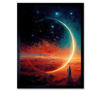 Artery8 Wall Art Print Moon Magic In Exoplanet Field Astronomy Waxing Crescent Art Framed in Black | Size: W12" x H16" Artery8 Black W12" x H16"