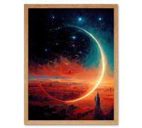 Artery8 Wall Art Print Moon Magic In Exoplanet Field Astronomy Waxing Crescent Art Framed in Light Oak | Size: W12" x H16" Artery8 Light Oak W12" x H16"