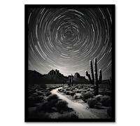 Artery8 Wall Art Print Moon & Star Time Lapse Trails Stars Tracing Their Journey Across The Sky Desert Cactus Art Framed in Black | Size: W12" x H16" Artery8 Black W12" x H16"