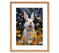 Artery8 Wall Art Print Moonlit White Rabbit Oil Painting Playing with Yellow Spring Flowers Mischief at Night Kids Bedroom Artwork Framed 9X7 Inch Artery8 Beige W7" x H9"