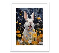 Artery8 Wall Art Print Moonlit White Rabbit Oil Painting Playing with Yellow Spring Flowers Mischief at Night Kids Bedroom Artwork Framed 9X7 Inch Artery8 White W7" x H9"