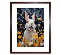 Artery8 Wall Art Print Moonlit White Rabbit Oil Painting Playing with Yellow Spring Flowers Mischief at Night Kids Bedroom Artwork Framed 9X7 Inch Artery8 Brown W7" x H9"