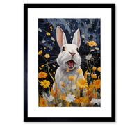 Artery8 Wall Art Print Moonlit White Rabbit Oil Painting Playing with Yellow Spring Flowers Mischief at Night Kids Bedroom Artwork Framed 9X7 Inch Artery8 Black W7" x H9"