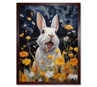 Artery8 Wall Art Print Moonlit White Rabbit Oil Painting Playing with Yellow Spring Flowers Mischief at Night Kids Bedroom Artwork Art Framed Artery8 Brown W12" x H16"