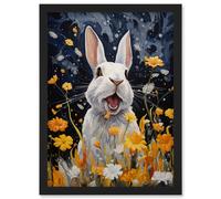 Artery8 Moonlit White Rabbit Oil Painting Playing with Yellow Spring Flowers Mischief at Night Kids Bedroom Artwork Framed Wall Art Print A4