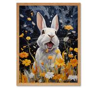 Artery8 Wall Art Print Moonlit White Rabbit Oil Painting Playing with Yellow Spring Flowers Mischief at Night Kids Bedroom Artwork Art Framed Artery8 Light Oak W12" x H16"