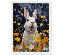 Wall Art Print Moonlit White Rabbit Oil Painting Playing with Yellow Spring Flowers Mischief at Night Kids Bedroom Artwork Framed A4 Artery8 White A4