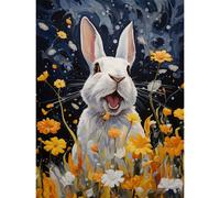 Artery8 Wall Art Print Moonlit White Rabbit Oil Painting Playing with Yellow Spring Flowers Mischief at Night Kids Bedroom Artwork Poster Artery8 Black W12" x H16"