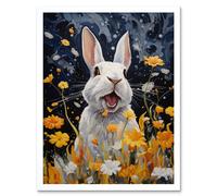 Artery8 Wall Art Print Moonlit White Rabbit Oil Painting Playing with Yellow Spring Flowers Mischief at Night Kids Bedroom Artwork Art Framed Artery8 White W12" x H16"